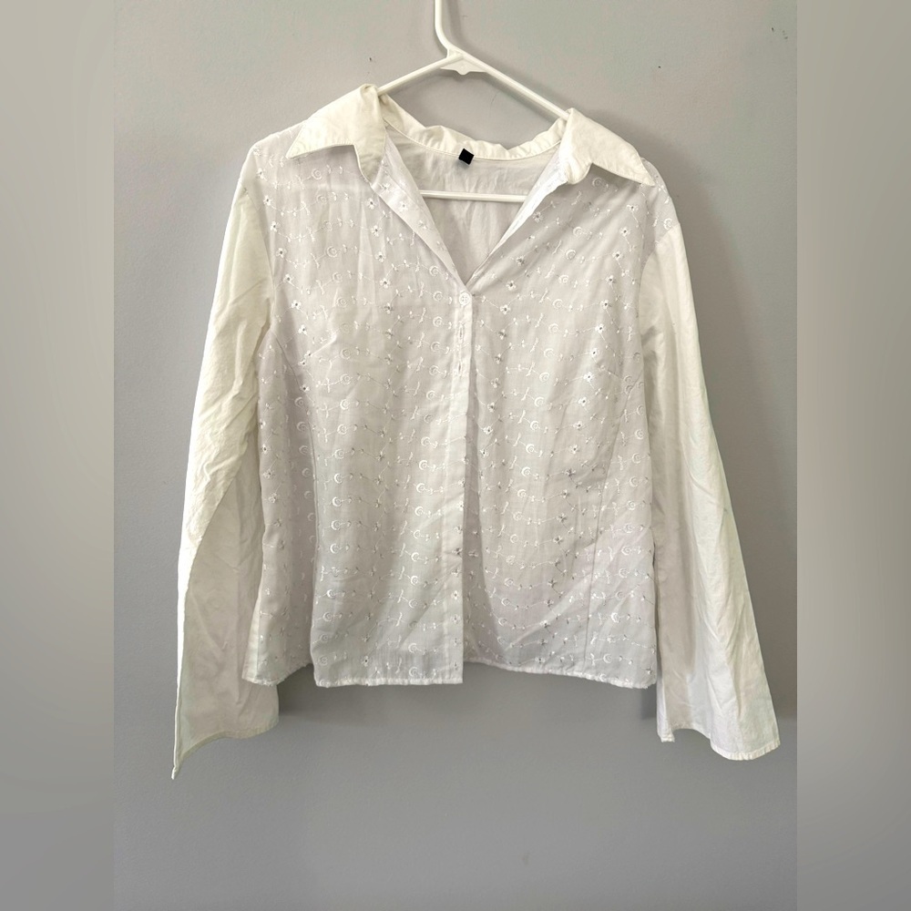 VTG Star City Embroidered Floral Button Up Blouse Long Sleeve White Size S M